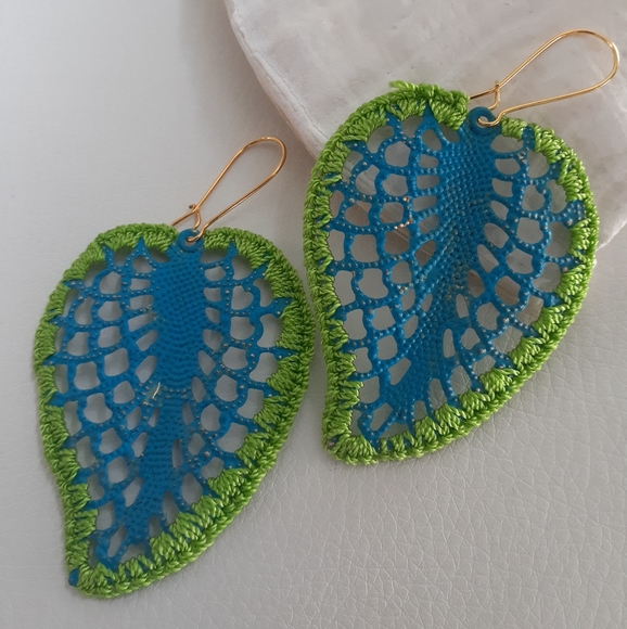 Blue Green Handmade Leaf Earring - Picture 3 of 3